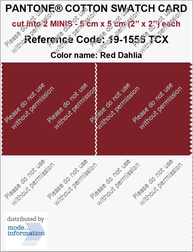 PANTONE COTTON SWATCH CARD 19-1555 TCX Red Dahlia (cut into 2 MINIS | 5 cm x 5 cm)